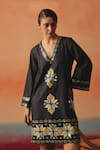 Shop_Pooja Rajgarhia Gupta_Navy Denim Sequins, Tassels V-neck Dhara Ikat Pattern Dress _at_Aza_Fashions