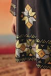 Shop_Pooja Rajgarhia Gupta_Navy Denim Sequins, Tassels V-neck Dhara Ikat Pattern Dress _Online_at_Aza_Fashions