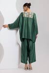 Shop_Oshi By Shikha_Green Silk Embroidery, Zari V-neck Hand Pheran Kaftan And Pant Set _at_Aza_Fashions