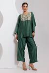 Buy_Oshi By Shikha_Green Silk Embroidery, Zari V-neck Hand Pheran Kaftan And Pant Set _at_Aza_Fashions