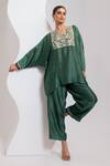 Buy_Oshi By Shikha_Green Silk Embroidery, Zari V-neck Hand Pheran Kaftan And Pant Set _Online_at_Aza_Fashions
