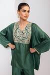 Shop_Oshi By Shikha_Green Silk Embroidery, Zari V-neck Hand Pheran Kaftan And Pant Set _Online_at_Aza_Fashions