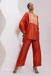 Buy_Oshi By Shikha_Rust Silk Embroidery, Zari V-neck Zardosi Pheran And Broad Pant Set _Online_at_Aza_Fashions