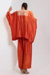 Shop_Oshi By Shikha_Rust Silk Embroidery, Zari V-neck Zardosi Pheran And Broad Pant Set _at_Aza_Fashions