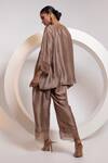 Shop_Oshi By Shikha_Brown Silk, Organza Tassels, Metallic Thread Work A-line Top And Broad Pant Set _at_Aza_Fashions