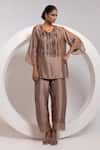 Buy_Oshi By Shikha_Brown Silk, Organza Tassels, Metallic Thread Work A-line Top And Broad Pant Set _at_Aza_Fashions