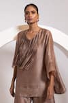Buy_Oshi By Shikha_Brown Silk, Organza Tassels, Metallic Thread Work A-line Top And Broad Pant Set _Online_at_Aza_Fashions