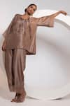 Shop_Oshi By Shikha_Brown Silk, Organza Tassels, Metallic Thread Work A-line Top And Broad Pant Set _Online_at_Aza_Fashions