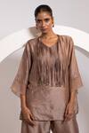 Oshi By Shikha_Brown Silk, Organza Tassels, Metallic Thread Work A-line Top And Broad Pant Set _at_Aza_Fashions