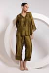 Oshi By Shikha_Olive Green Silk, Organza Tassels V-neck Work Top With Pant _Online_at_Aza_Fashions