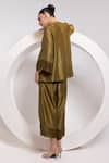 Shop_Oshi By Shikha_Olive Green Silk, Organza Tassels V-neck Work Top With Pant _at_Aza_Fashions