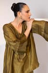 Buy_Oshi By Shikha_Olive Green Silk, Organza Tassels V-neck Work Top With Pant _Online_at_Aza_Fashions