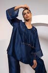 Buy_Oshi By Shikha_Navy Silk, Organza Tassels, Metallic Thread V-neck Top And Broad Pant Set _Online_at_Aza_Fashions