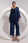Shop_Oshi By Shikha_Navy Silk, Organza Tassels, Metallic Thread V-neck Top And Broad Pant Set _Online_at_Aza_Fashions