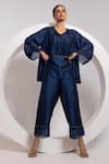 Buy_Oshi By Shikha_Navy Silk, Organza Tassels, Metallic Thread V-neck Top And Broad Pant Set _at_Aza_Fashions