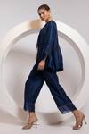 Oshi By Shikha_Navy Silk, Organza Tassels, Metallic Thread V-neck Top And Broad Pant Set _at_Aza_Fashions