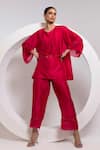 Oshi By Shikha_Fuchsia Silk, Organza Tassels, Metallic Thread Round A-line Top And Broad Pant Set _Online_at_Aza_Fashions
