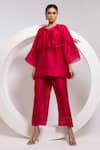 Shop_Oshi By Shikha_Fuchsia Silk, Organza Tassels, Metallic Thread Round A-line Top And Broad Pant Set _Online_at_Aza_Fashions