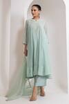 Shop_Oshi By Shikha_Blue Chanderi, Silk, Organza Pearls, Embroidery Split V-neck Flared Kurta Set _Online_at_Aza_Fashions