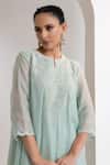 Oshi By Shikha_Blue Chanderi, Silk, Organza Pearls, Embroidery Split V-neck Flared Kurta Set _at_Aza_Fashions
