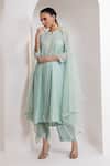 Buy_Oshi By Shikha_Blue Chanderi, Silk, Organza Pearls, Embroidery Split V-neck Flared Kurta Set _at_Aza_Fashions