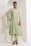 Buy_Oshi By Shikha_Green Chanderi, Silk, Organza Pearls, Embroidery Split Flared Kurta Pant Set _at_Aza_Fashions