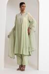 Buy_Oshi By Shikha_Green Chanderi, Silk, Organza Pearls, Embroidery Split Flared Kurta Pant Set _Online_at_Aza_Fashions