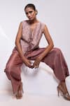 Oshi By Shikha_Pink Silk V-neck Printed Waistcoat And Broad Pant Set _Online_at_Aza_Fashions