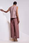 Shop_Oshi By Shikha_Pink Silk V-neck Printed Waistcoat And Broad Pant Set _at_Aza_Fashions