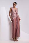 Buy_Oshi By Shikha_Pink Silk V-neck Printed Waistcoat And Broad Pant Set _at_Aza_Fashions