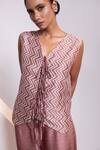 Oshi By Shikha_Pink Silk V-neck Printed Waistcoat And Broad Pant Set _at_Aza_Fashions