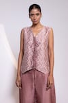 Buy_Oshi By Shikha_Pink Silk V-neck Printed Waistcoat And Broad Pant Set 