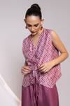 Oshi By Shikha_Purple Silk V-neck Printed Waistcoat And Broad Pant Set _Online_at_Aza_Fashions
