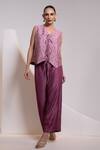 Buy_Oshi By Shikha_Purple Silk V-neck Printed Waistcoat And Broad Pant Set _at_Aza_Fashions