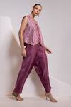 Shop_Oshi By Shikha_Purple Silk V-neck Printed Waistcoat And Broad Pant Set _Online_at_Aza_Fashions