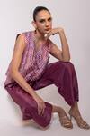 Oshi By Shikha_Purple Silk V-neck Printed Waistcoat And Broad Pant Set _at_Aza_Fashions