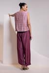 Shop_Oshi By Shikha_Purple Silk V-neck Printed Waistcoat And Broad Pant Set _at_Aza_Fashions