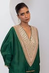Oshi By Shikha_Emerald Green Silk Embroidery, Gota Patti, Marodi And Pheran Kaftan With Pant _at_Aza_Fashions