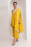 Buy_Oshi By Shikha_Mustard Silk Embroidery, Pearls One Shoulder Tunic And Pant _at_Aza_Fashions