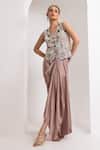 Buy_Oshi By Shikha_Off White Silk Embroidery, Beads, Metallic Zardozi Waistcoat And Draped Skirt _at_Aza_Fashions