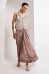 Shop_Oshi By Shikha_Off White Silk Embroidery, Beads, Metallic Zardozi Waistcoat And Draped Skirt _at_Aza_Fashions