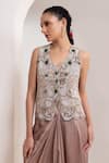 Oshi By Shikha_Off White Silk Embroidery, Beads, Metallic Zardozi Waistcoat And Draped Skirt _Online_at_Aza_Fashions