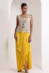 Buy_Oshi By Shikha_Off White Silk Embroidery, Beads, Metallic Zardozi Waistcoat And Draped Skirt _at_Aza_Fashions