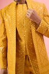 Shop_Arihant Rai Sinha_Yellow Silk Mirrors, Embroidery Work Bandhgala Set _Online_at_Aza_Fashions