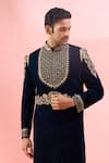 Arihant Rai Sinha Navy Velvet Embroidery, Rhinestones Sherwani And Pant Set at Aza Fashions Arihant Rai Sinha_Navy Velvet Embroidery, Rhinestones Sherwani And Pant Set _at_Aza_Fashions