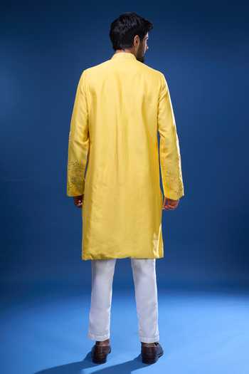 Shop_Arihant Rai Sinha_Yellow Silk Embroidery, Mirrors Floral And Work Kurta Pant Set _at_Aza_Fashions