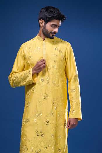 Buy_Arihant Rai Sinha_Yellow Silk Embroidery, Mirrors Floral And Work Kurta Pant Set _Online_at_Aza_Fashions