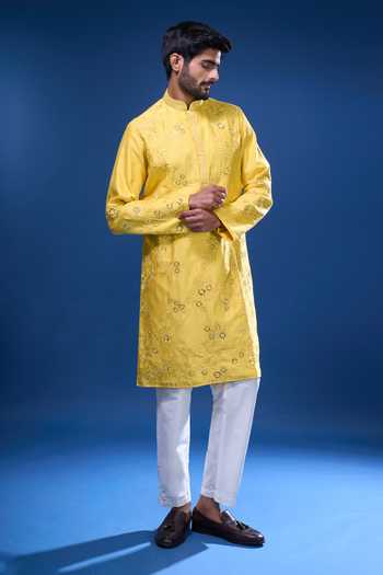 Shop_Arihant Rai Sinha_Yellow Silk Embroidery, Mirrors Floral And Work Kurta Pant Set _Online_at_Aza_Fashions