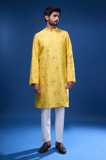 Arihant Rai Sinha_Yellow Silk Embroidery, Mirrors Floral And Work Kurta Pant Set _at_Aza_Fashions