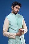 Arihant Rai Sinha Aqua Silk Embroidery Floral Bundi And Kurta Set at Aza Fashions Arihant Rai Sinha_Aqua Silk Embroidery Floral Bundi And Kurta Set _at_Aza_Fashions